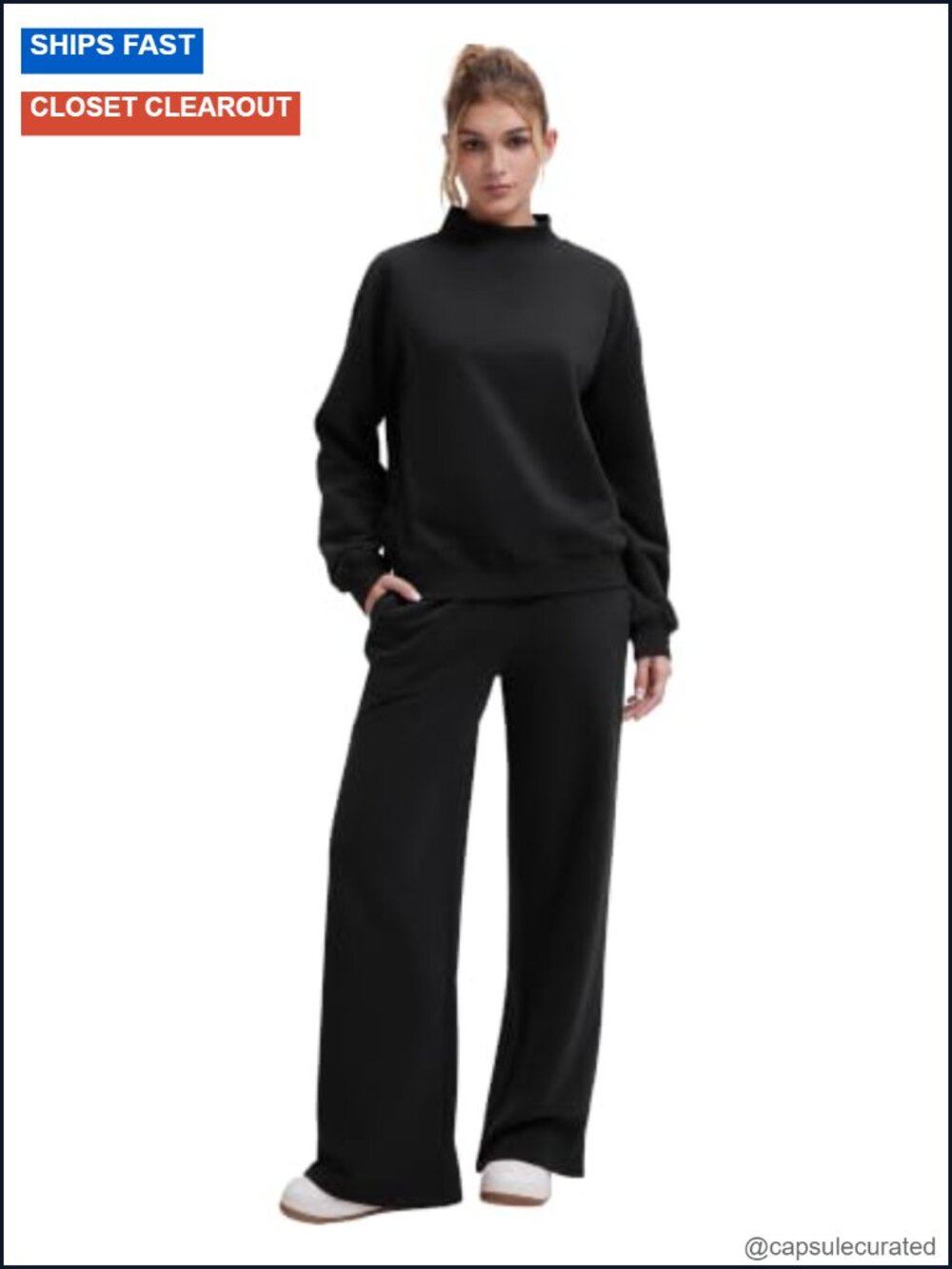 Cotton 2 Piece Lounge Set Mock Neck Oversized Sweatshirt Wide Leg Pants Pockets